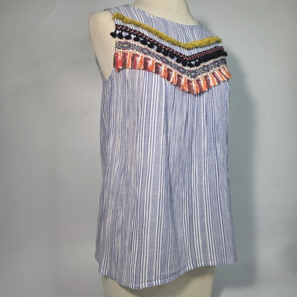 THML Striped Tank Detailed Embroidery Boho Beachy Relaxed Casual Shirt Top XS